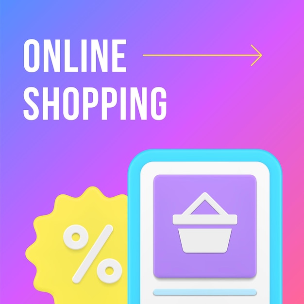 Shopping su internet vendita sconto ordine online smartphone app social media post 3d icona vettore