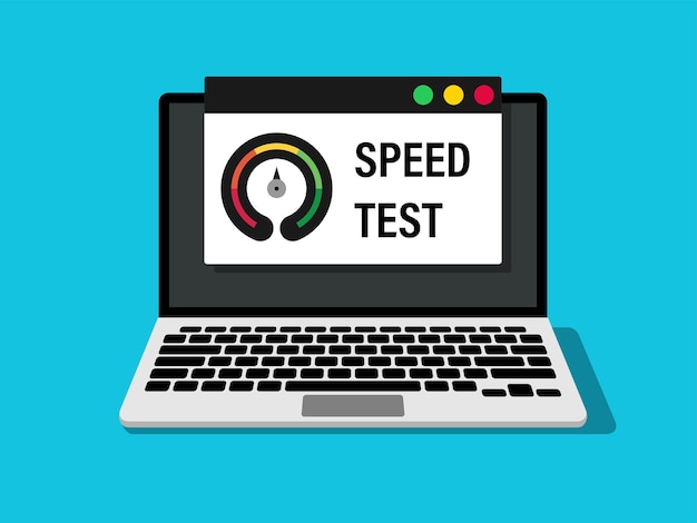 Internet speed test on laptop screen Speedometer icon on computer monitor Vector illustration