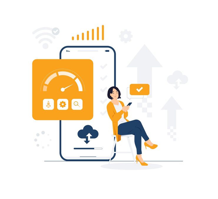 Vector internet speed test online connection booster check website loading optimization server web programming mobile app development and software concept illustration