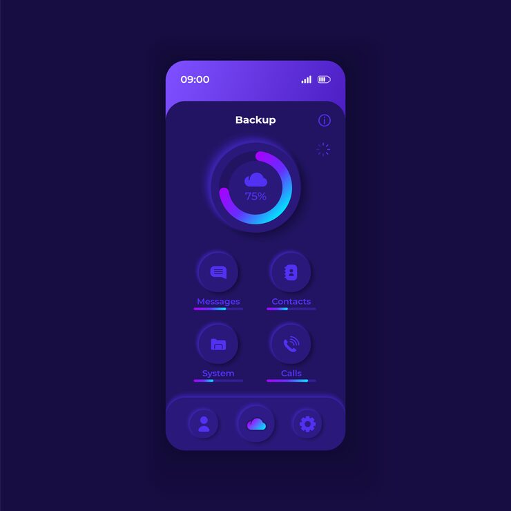 Vector internet storage application smartphone interface  template. mobile app page dark design layout. data uploading process screen.  ui for application. cloud copying progress on phone display.