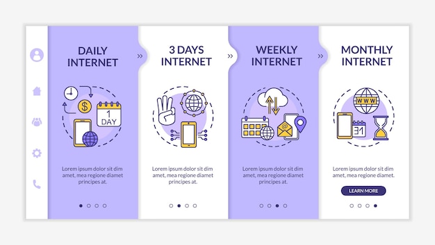 Internet tarieven voorwaarden onboarding vector sjabloon. dagelijks, wekelijks en maandelijks prepaid internet. responsieve mobiele website met pictogrammen. stapschermen voor het doorlopen van webpagina's. rgb-kleurconcept