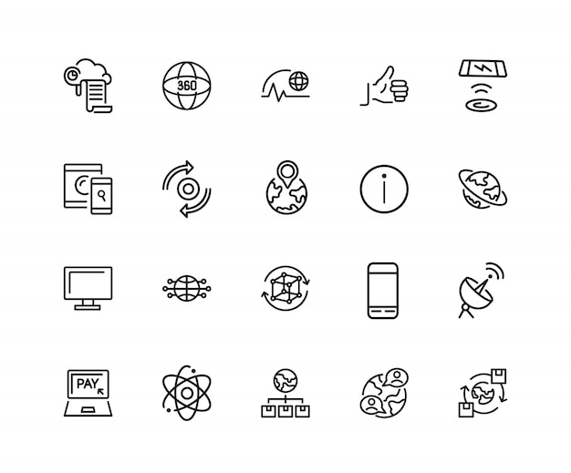 Icone di tecnologia internet. set di venti icone di linea. cloud, social media, pollice in su.