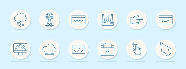 網際網路技術組圖標 雲端計算天線 網站路由器 手指針 域名設定 筆記型電腦編碼 下載 上傳指針