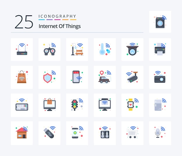 Internet Of Things 25 플랫 컬러 아이콘 팩(스마트 홈 조명 CCTV 온도계 포함)
