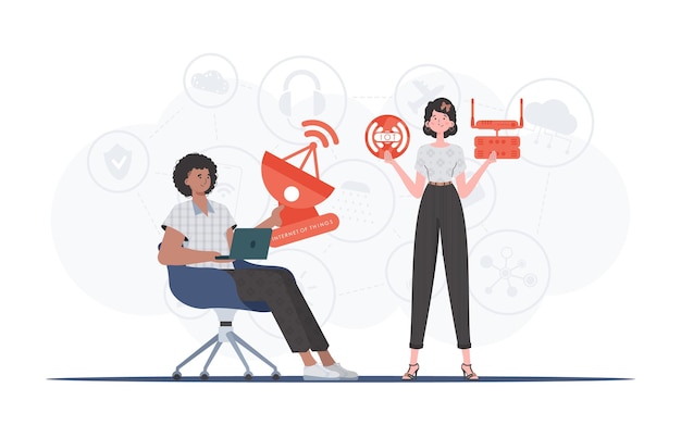 Internet of things and automation concept The girl and the guy are a team in the field of Internet of things Good for websites and presentations Vector illustration in trendy flat style