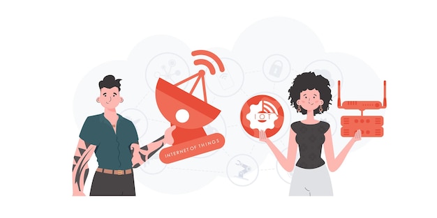 Internet of things and automation concept The girl and the guy are a team in the field of IoT Good for presentations and websites Trendy flat style Vector