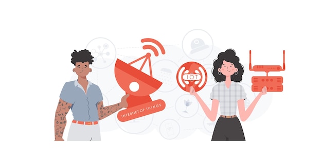 Internet of things and automation concept The girl and the guy are a team in the field of IoT Good for presentations and websites Vector illustration in trendy flat style