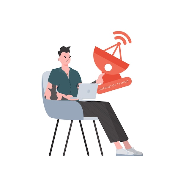 Internet of things and automation concept The guy is holding a satellite dish in his hands Isolated Vector illustration in trendy flat style