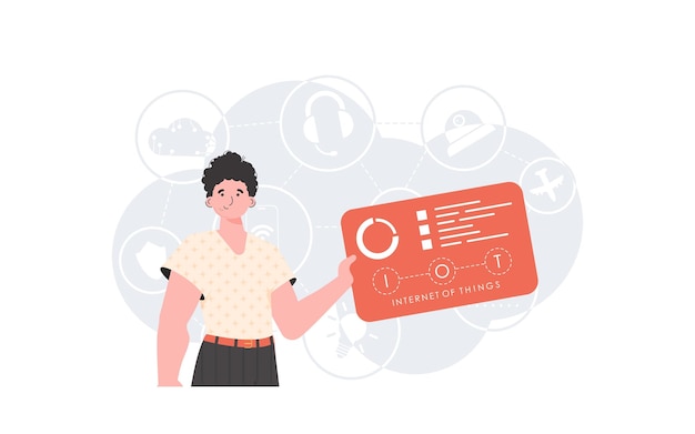 Internet of things and automation concept A man holds a panel with analyzers and indicators in his hands Good for websites and presentations Trendy flat style Vector