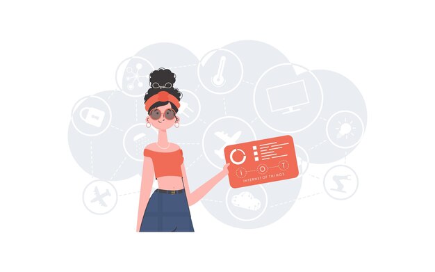Internet of Things and Automation Concept A woman holds a panel with analyzers and indicators in her hands Good for websites and presentations Vector illustration in flat style