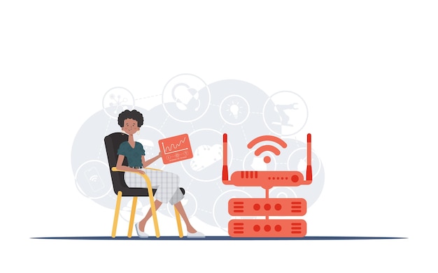 사물 인터넷 및 자동화 개념 한 여성이 의자에 앉아 분석기와 지표가 있는 패널을 손에 들고 있습니다. 웹사이트 및 프레젠테이션에 좋습니다. 플랫 스타일의 벡터 그림