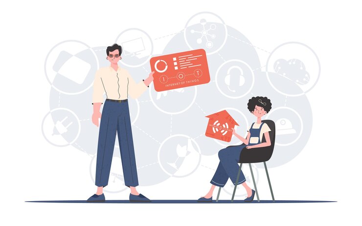 Vector internet of things concept the girl and the guy are a team in the field of iot good for presentations and websites vector illustration in trendy flat style