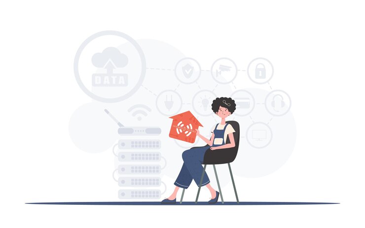 Vector internet of things concept the girl sits in a chair and holds an icon of a house in her hands good for presentations vector illustration in trendy flat style