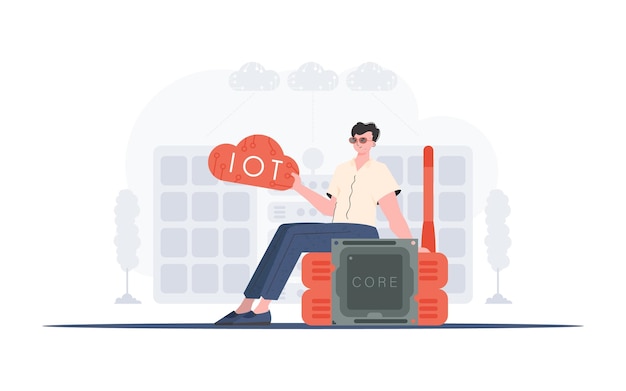 Internet of things concept The guy sits on the router and holds the internet of things logo in his hands Vector illustration in flat style