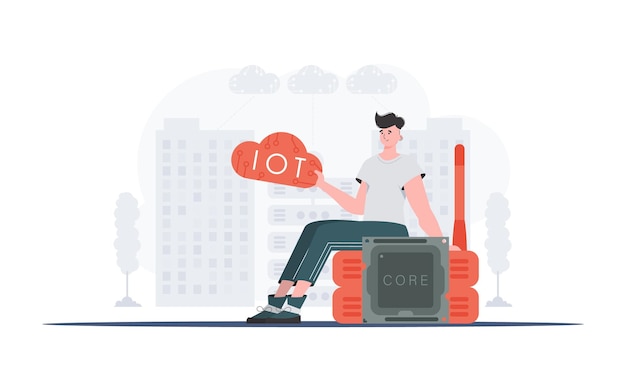Internet of things concept The guy sits on the router and holds the internet of things logo in his hands Vector illustration in trendy flat style