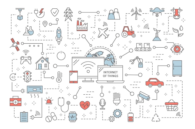 Internet of things concept. Modern global technology. Connection between devices and house appliances. Idea of smart home. Set of IoT icons.    illustration