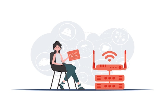 Internet of things concept A woman sits in a chair and holds a panel with analyzers and indicators in her hands Good for websites and presentations Vector illustration in flat style