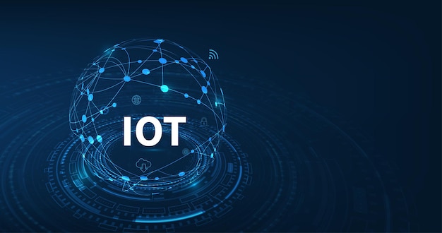 사물 인터넷(IOT) 개념입니다. 진한 파란색 배경에 보안 네트워크 연결이 있는 물리적 장치의 빅 데이터 클라우드 컴퓨팅 네트워크.