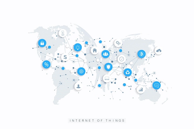 Vector internet of things iot and network connection concept design vector. social media network and marketing concept with dotted globes. internet and business technology.