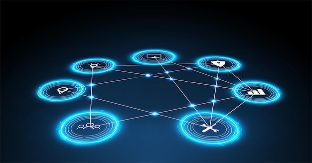 モノのインターネット（IoT）と接続されたデバイスのネットワークの概念。未来的な青い背景の上のネットワーク接続の蜘蛛の巣。デジタルデザインコンセプト。 IoTホログラム
