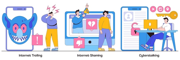 Internet trolling concetto di cyberstalking vergognoso digitale con personaggi di persone social media comportamento aggressivo pacchetto di illustrazioni vettoriali molestie su internet abuso mentale metafora del crimine informatico