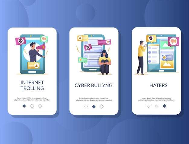 Vector internet trolling mobile app onboarding screens vector template