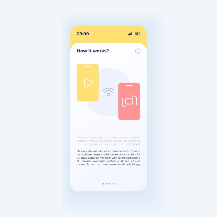 Vector 인터넷 튜토리얼 인터페이스 벡터 템플릿입니다. 모바일 앱 페이지 짙은 보라색 디자인 레이아웃입니다. 매뉴얼 페이지 화면입니다. 응용 프로그램에 대한 평면 ui. 설정 관리, 설명 노트. 전화 디스플레이