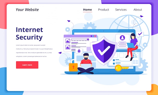 Internet veiligheidsconcept, mensen werken op laptop, beveiligde internetverbinding. landingspagina ontwerpsjabloon