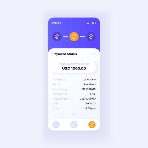 Интернет-кошелек приложение смартфон интерфейс вектор шаблон. макет дизайна световой темы страницы мобильного приложения. экран статуса платежа. плоский интерфейс для приложения. дисплей телефона с информацией о транзакциях