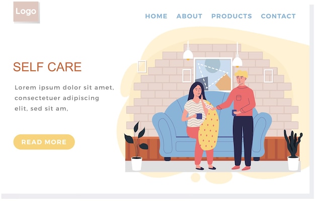 Vector internet website layout self care concept man giving pills to sick woman girl takes antiviral female character wrapped in blanket is ill at home male character treating relative with medication