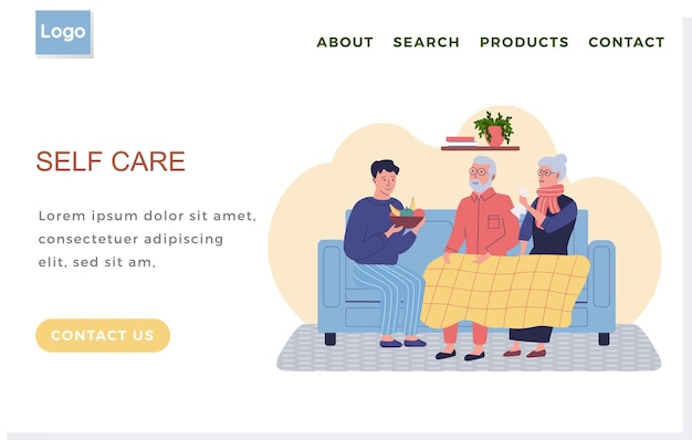 インターネットのウェブサイトのページ レイアウト セルフ ケアのコンセプト 高齢者の親戚に新鮮な果物を与える男性 風邪と covid19 の蔓延を防ぐ 毛布に包まれたカップルがソファに座って男を見ている
