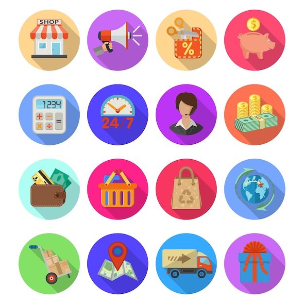 Internet winkelen en levering platte Icon Set