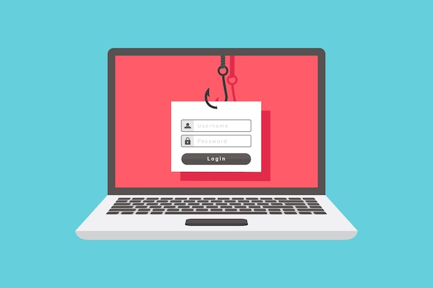 Internetcriminaliteit phishing inloggen account vissen haak platte ontwerp vectorillustratie