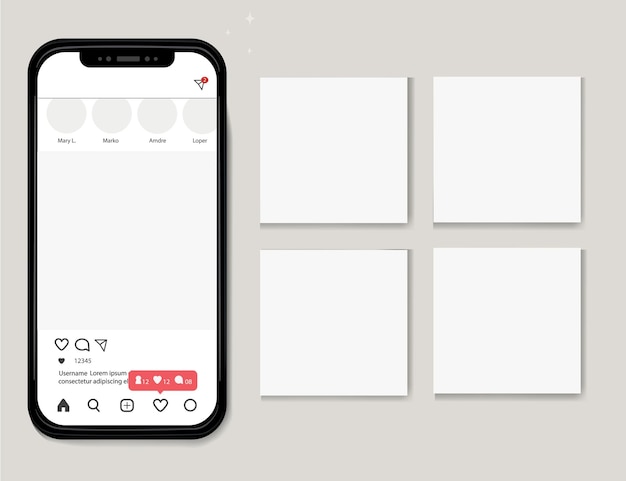 Vector internettoepassing op het scherm van een echte smartphone plaats een carrouselbericht op sociale netwerken