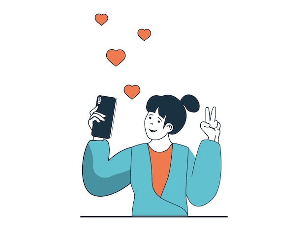 Internetverslaving concept met karaktersituatie vrouw verslaafd aan aandacht op internet neemt vaak selfies en berichten op online pagina vectorillustratie met mensenscène in plat ontwerp voor web
