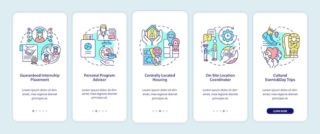 Vantaggi del programma di tirocinio nella schermata della pagina dell'app mobile onboarding. posizionamento, guida dettagliata del consulente 5 passaggi istruzioni grafiche con concetti. modello vettoriale ui, ux, gui con illustrazioni a colori lineari