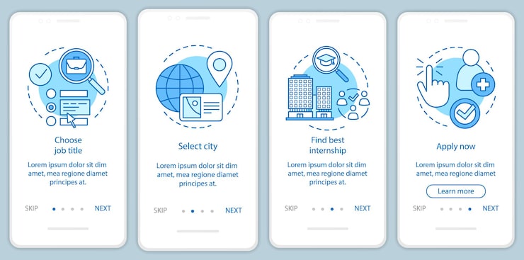 Vector internship program onboarding mobile app page screen vector template. student practice. work searching software. walkthrough website step, linear illustration. ux, ui, gui smartphone interface concept
