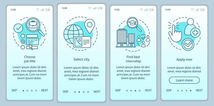 Vector internship program onboarding mobile app page screen vector template. work searching software. student practice. walkthrough website step, linear illustration. ux, ui, gui smartphone interface concept