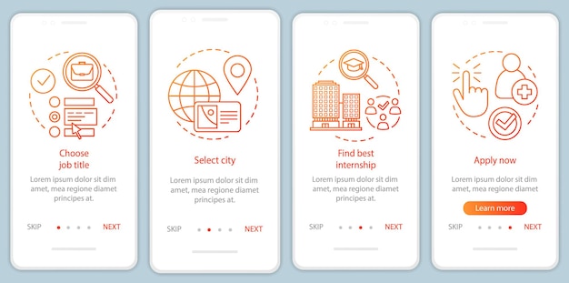 Internship program onboarding mobile app page screen with linear concepts work searching software student practice walkthrough steps graphic instructions ux ui gui vector template illustrations