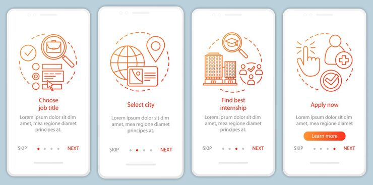 Vector internship program onboarding mobile app page screen with linear concepts work searching software student practice walkthrough steps graphic instructions ux ui gui vector template illustrations