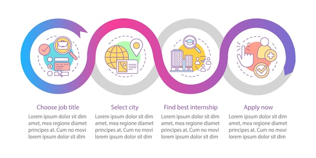 인턴십 프로그램 벡터 Infographic 템플릿입니다. 작업 검색 소프트웨어. 비즈니스 프레젠테이션 디자인 요소입니다. 단계, 옵션이 있는 데이터 시각화. 프로세스 타임라인 차트. 워크플로 레이아웃