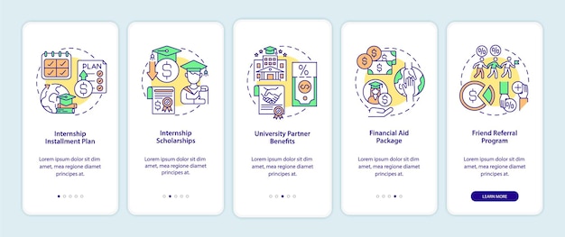 Internship programs financing options onboarding mobile app page screen. scholarship walkthrough 5 steps graphic instructions with concepts. ui, ux, gui vector template with linear color illustrations