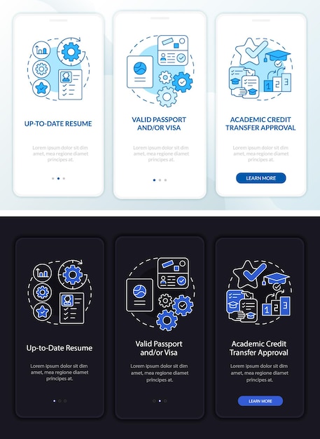 인턴십 요구 사항 온보딩 모바일 앱 페이지 화면. 개념이 포함된 업데이트된 CV 연습 3단계 그래픽 지침. 선형 야간 및 주간 모드 일러스트레이션이 있는 UI, UX, GUI 벡터 템플릿