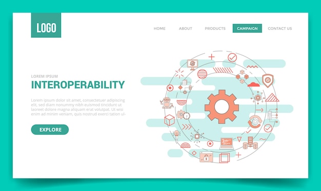 Concetto di interoperabilità con l'icona circolare per il modello di sito web o la home page della pagina di destinazione