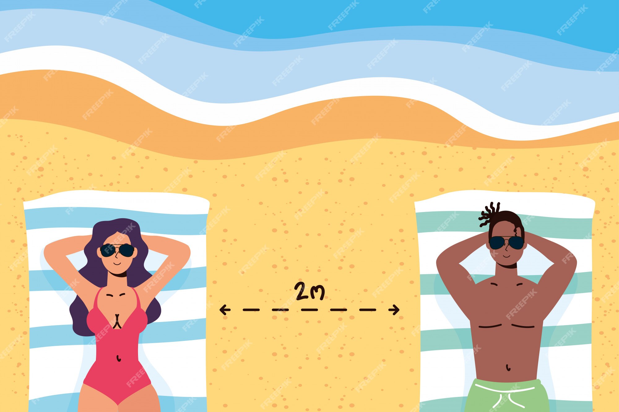 Premium Vector Interracial Couple On The Beach Practicing Social Distancing Scene Summer Time