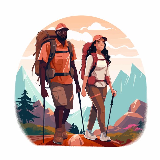 Vector interracial couple going on a hike