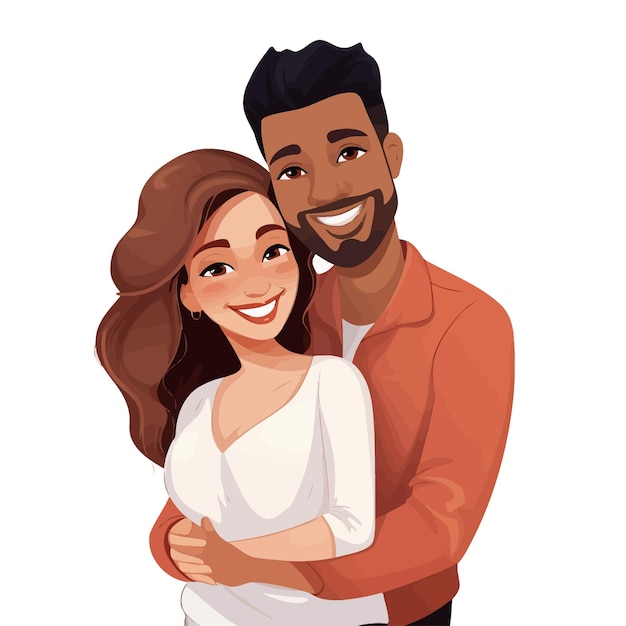 Vector interracial couple hugging cartoon