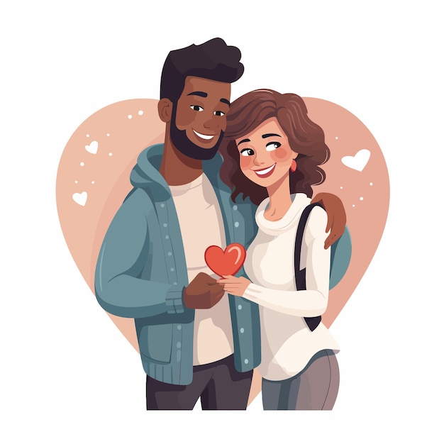 Interracial couple hugging cartoon