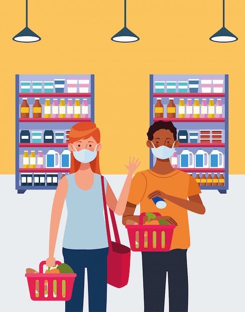 interracial couple shopping in supermarket with face mask