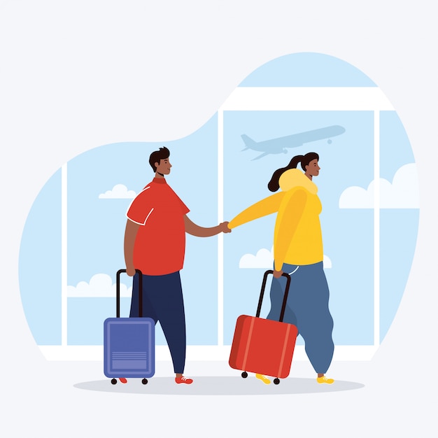 Vector interracial couple travelers with suitcases